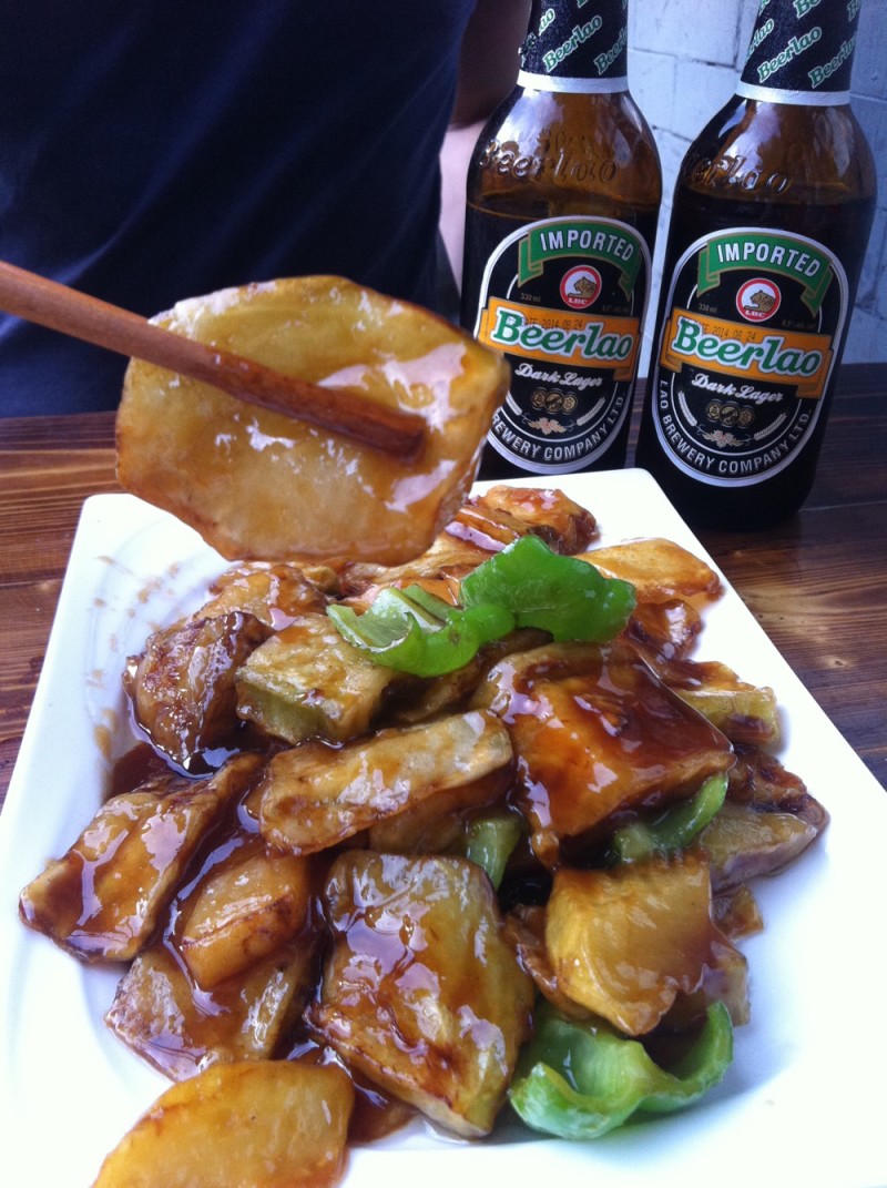 One of our favourite Potato and eggplant Beijing dishes. In our local dumpling place. Oh and those Laos beers were so good!